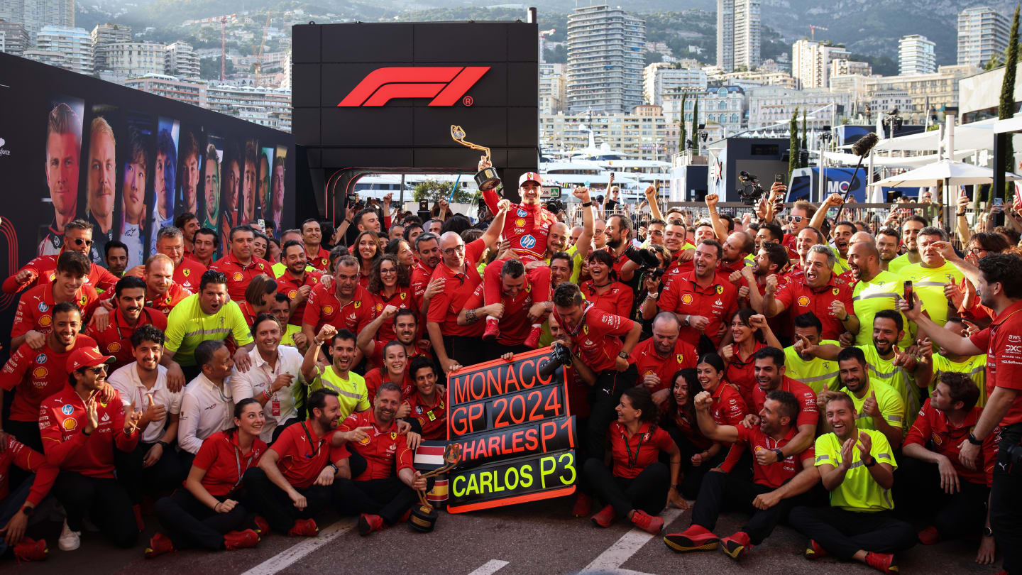 MONTE-CARLO, MONACO - MAY 26: Race winner Charles Leclerc of Monaco and Ferrari celebrates with 