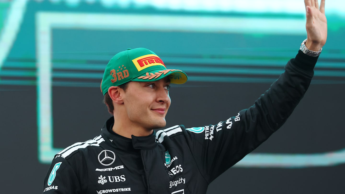 MELBOURNE, AUSTRALIA - MARCH 16: Third placed George Russell of Great Britain and Mercedes AMG