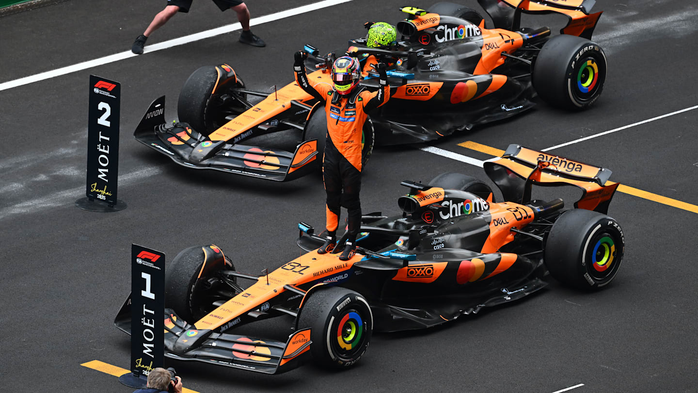 SHANGHAI, CHINA - MARCH 23: Race winner Oscar Piastri of Australia and McLaren celebrates on