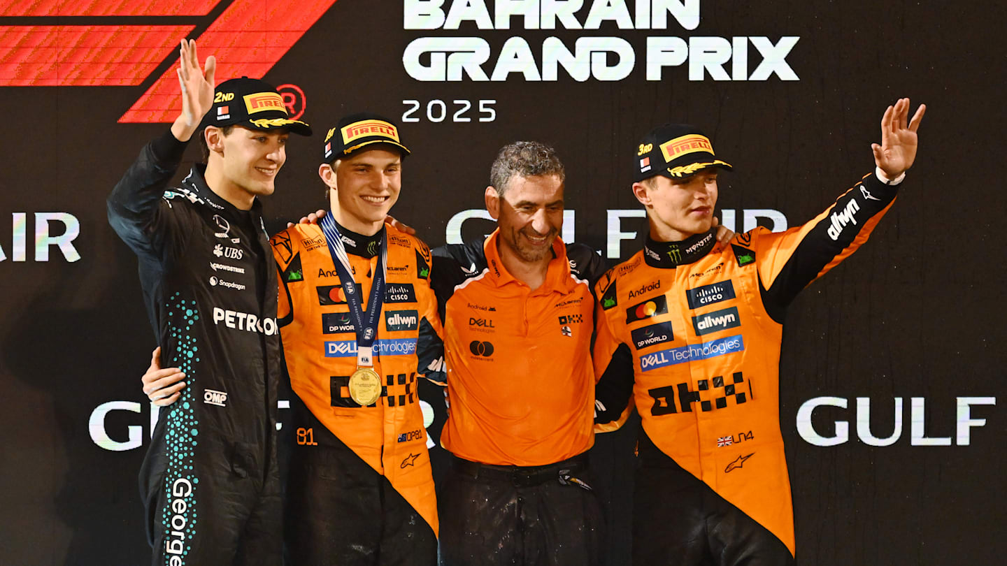 BAHRAIN, BAHRAIN - APRIL 13: Race winner Oscar Piastri of Australia and McLaren Second placed