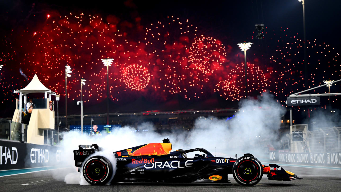 ABU DHABI, UNITED ARAB EMIRATES - NOVEMBER 26: Race winner Max Verstappen of the Netherlands driving the (1) Oracle Red Bull Racing RB19 performs donuts on track during the F1 Grand Prix of Abu Dhabi at Yas Marina Circuit on November 26, 2023 in Abu Dhabi, United Arab Emirates. (Photo by Clive Mason - Formula 1/Formula 1 via Getty Images)