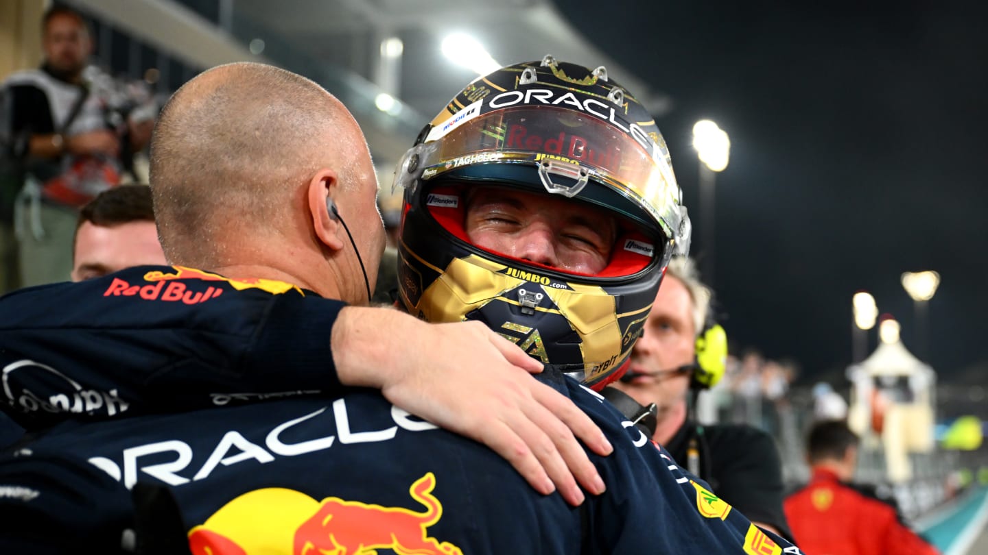 ABU DHABI, UNITED ARAB EMIRATES - NOVEMBER 26: Race winner Max Verstappen of the Netherlands and Oracle Red Bull Racing celebrates in parc ferme during the F1 Grand Prix of Abu Dhabi at Yas Marina Circuit on November 26, 2023 in Abu Dhabi, United Arab Emirates. (Photo by Clive Mason - Formula 1/Formula 1 via Getty Images)