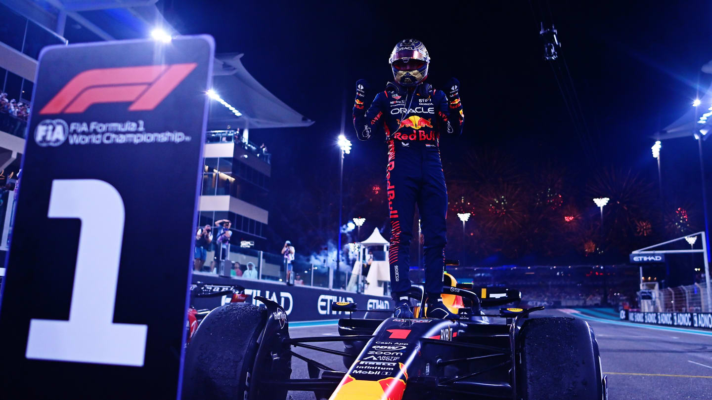 ABU DHABI, UNITED ARAB EMIRATES - NOVEMBER 26: Race winner Max Verstappen of the Netherlands and Oracle Red Bull Racing celebrates in parc ferme during the F1 Grand Prix of Abu Dhabi at Yas Marina Circuit on November 26, 2023 in Abu Dhabi, United Arab Emirates. (Photo by Mario Renzi - Formula 1/Formula 1 via Getty Images)