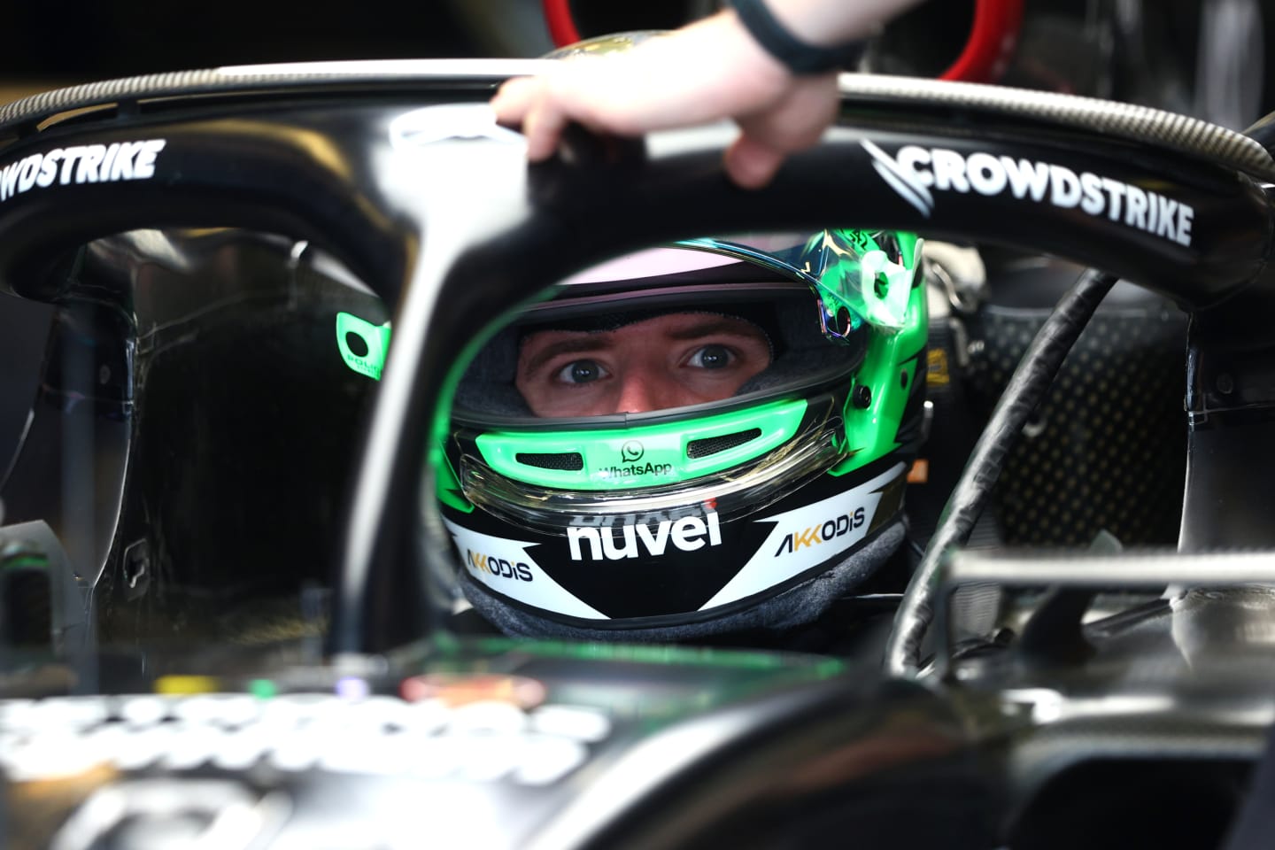 ABU DHABI, UNITED ARAB EMIRATES - NOVEMBER 24: Frederik Vesti of Denmark and Mercedes  prepares to drive in the garage during practice ahead of the F1 Grand Prix of Abu Dhabi at Yas Marina Circuit on November 24, 2023 in Abu Dhabi, United Arab Emirates. (Photo by Clive Rose/Getty Images)