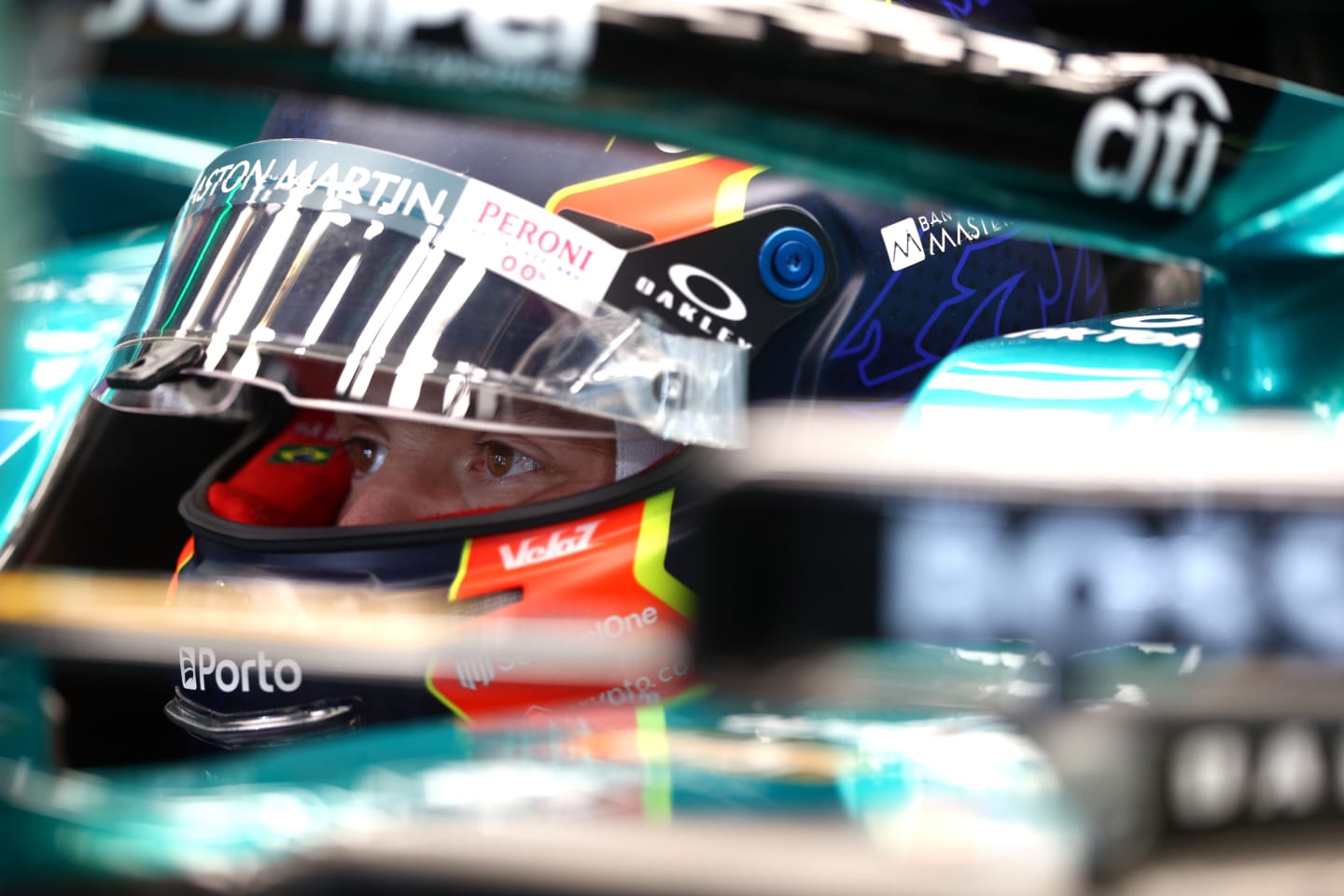 ABU DHABI, UNITED ARAB EMIRATES - NOVEMBER 24: Felipe Drugovich of Brazil and Aston Martin F1 Team prepares to drive in the garage during practice ahead of the F1 Grand Prix of Abu Dhabi at Yas Marina Circuit on November 24, 2023 in Abu Dhabi, United Arab Emirates. (Photo by Clive Rose/Getty Images)