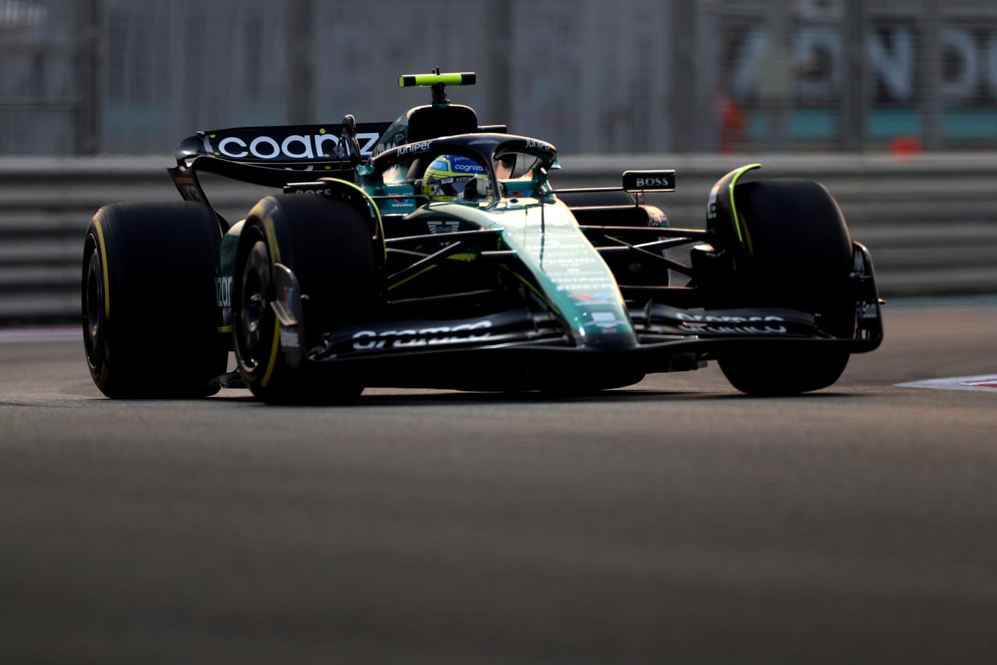ABU DHABI, UNITED ARAB EMIRATES - NOVEMBER 24: Fernando Alonso of Spain driving the (14) Aston Martin AMR23 Mercedes on track during practice ahead of the F1 Grand Prix of Abu Dhabi at Yas Marina Circuit on November 24, 2023 in Abu Dhabi, United Arab Emirates. (Photo by Peter Fox/Getty Images)