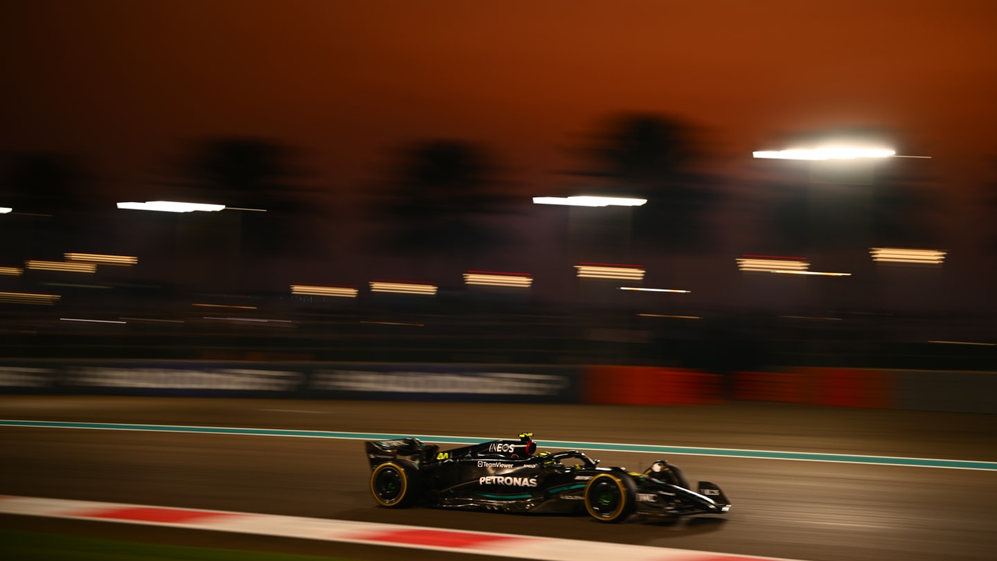 ABU DHABI, UNITED ARAB EMIRATES - NOVEMBER 24: Lewis Hamilton of Great Britain driving the (44) Mercedes AMG Petronas F1 Team W14 on track during practice ahead of the F1 Grand Prix of Abu Dhabi at Yas Marina Circuit on November 24, 2023 in Abu Dhabi, United Arab Emirates. (Photo by Clive Mason - Formula 1/Formula 1 via Getty Images)
