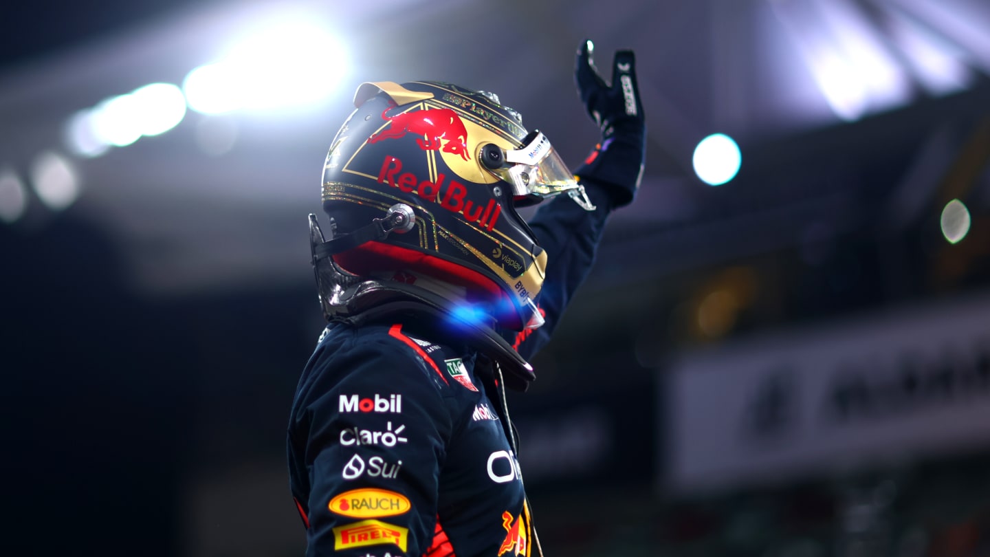 ABU DHABI, UNITED ARAB EMIRATES - NOVEMBER 25: Pole position qualifier Max Verstappen of the Netherlands and Oracle Red Bull Racing celebrates in parc ferme during qualifying ahead of the F1 Grand Prix of Abu Dhabi at Yas Marina Circuit on November 25, 2023 in Abu Dhabi, United Arab Emirates. (Photo by Dan Istitene - Formula 1/Formula 1 via Getty Images)