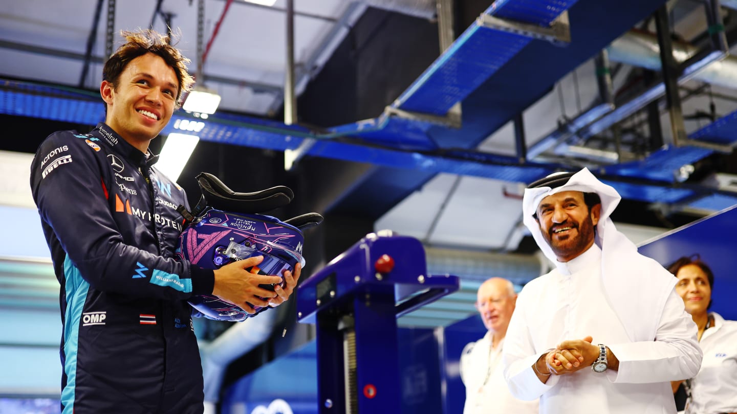 ABU DHABI, UNITED ARAB EMIRATES - NOVEMBER 25: 14th placed qualifier Alexander Albon of Thailand and Williams talks with Mohammed ben Sulayem, FIA President, in the FIA garage during qualifying ahead of the F1 Grand Prix of Abu Dhabi at Yas Marina Circuit on November 25, 2023 in Abu Dhabi, United Arab Emirates. (Photo by Dan Istitene - Formula 1/Formula 1 via Getty Images)