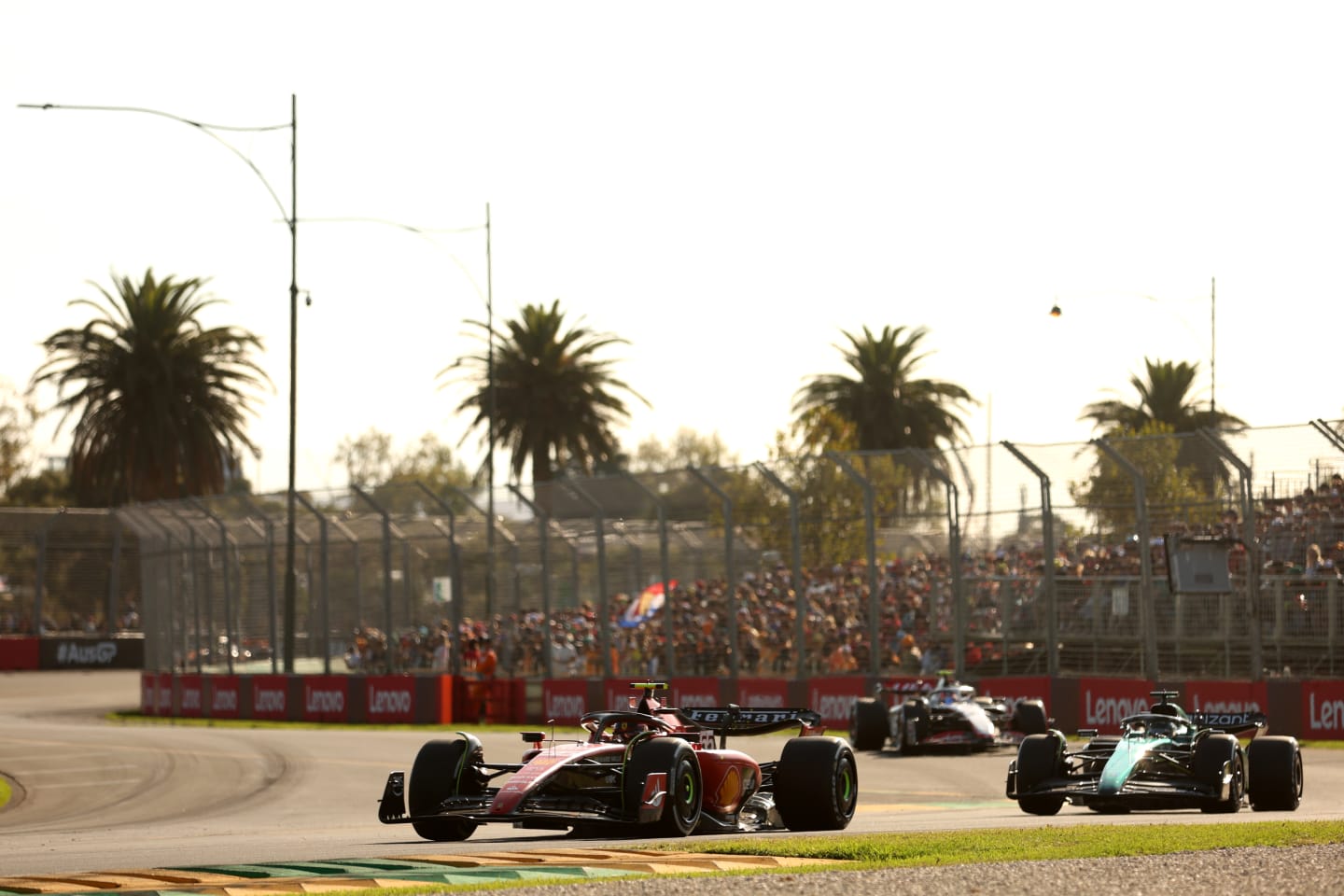 MELBOURNE, AUSTRALIA - APRIL 02: Carlos Sainz of Spain driving (55) the Ferrari SF-23 leads Lance
