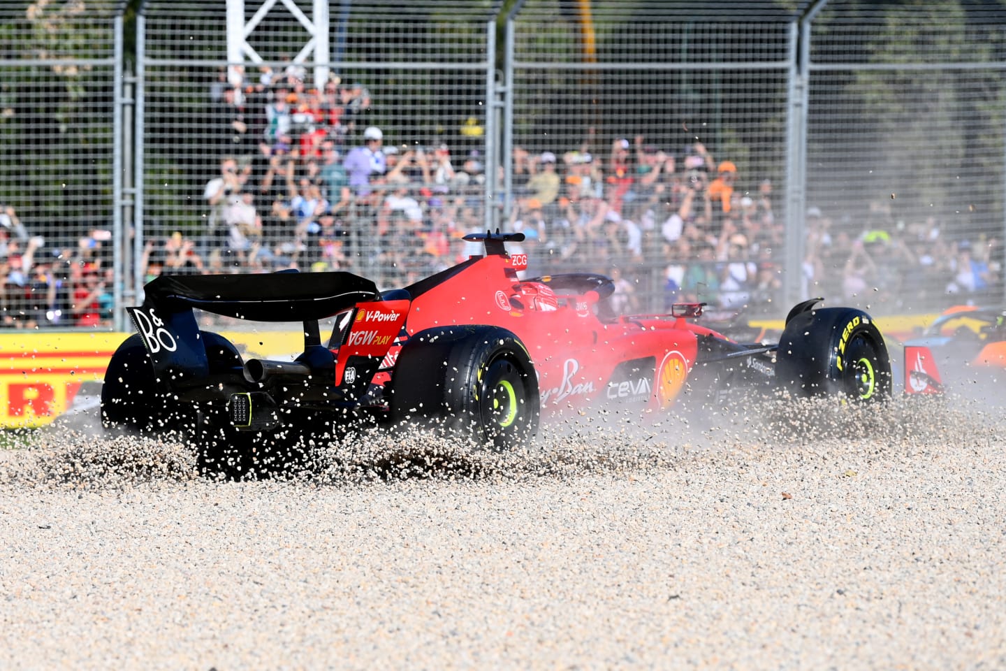 MELBOURNE, AUSTRALIA - APRIL 02: Charles Leclerc of Monaco driving the (16) Ferrari SF-23 gets stuck in a gravel trap during the F1 Grand Prix of Australia at Albert Park Grand Prix Circuit on April 02, 2023 in Melbourne, Australia. (Photo by Quinn Rooney/Getty Images)
