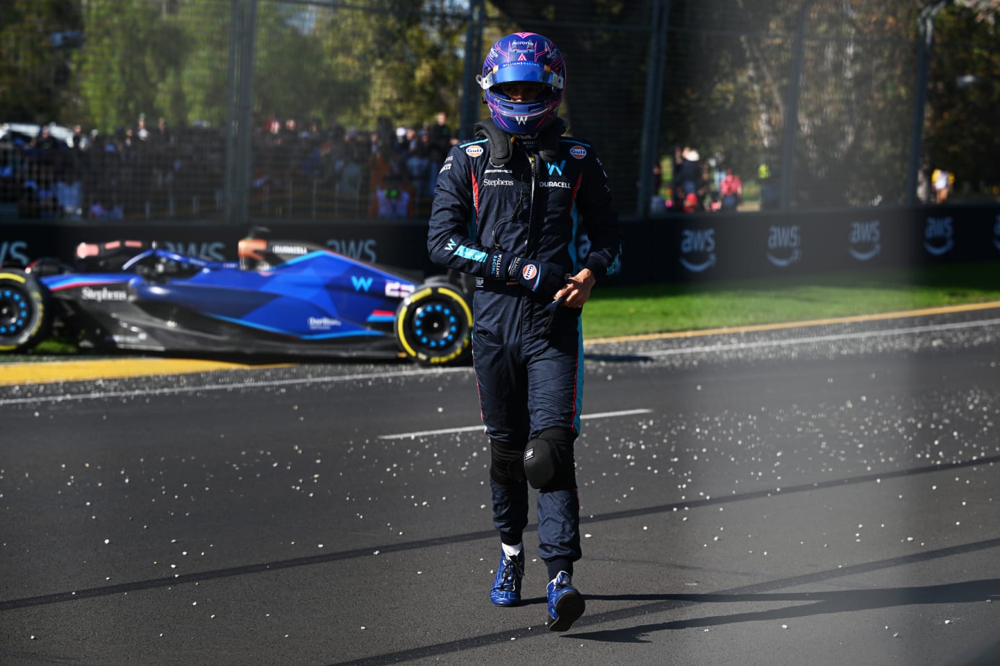 MELBOURNE, AUSTRALIA - APRIL 02: Alexander Albon of Thailand and Williams walks from his car after a crash that led to a red flag during the F1 Grand Prix of Australia at Albert Park Grand Prix Circuit on April 02, 2023 in Melbourne, Australia. (Photo by Clive Mason - Formula 1/Formula 1 via Getty Images)