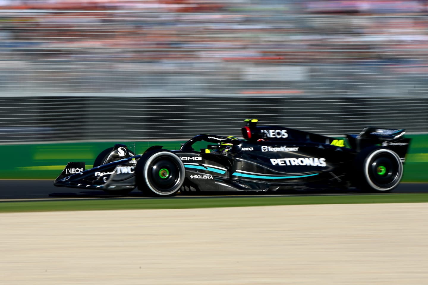 MELBOURNE, AUSTRALIA - APRIL 02: Lewis Hamilton of Great Britain driving the (44) Mercedes AMG