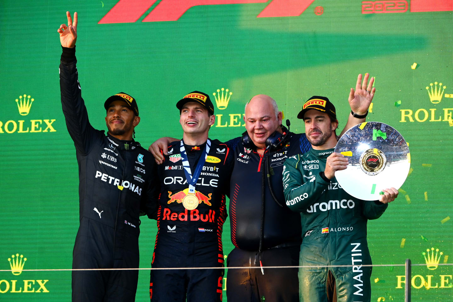 MELBOURNE, AUSTRALIA - APRIL 02: Race winner Max Verstappen of the Netherlands and Oracle Red Bull