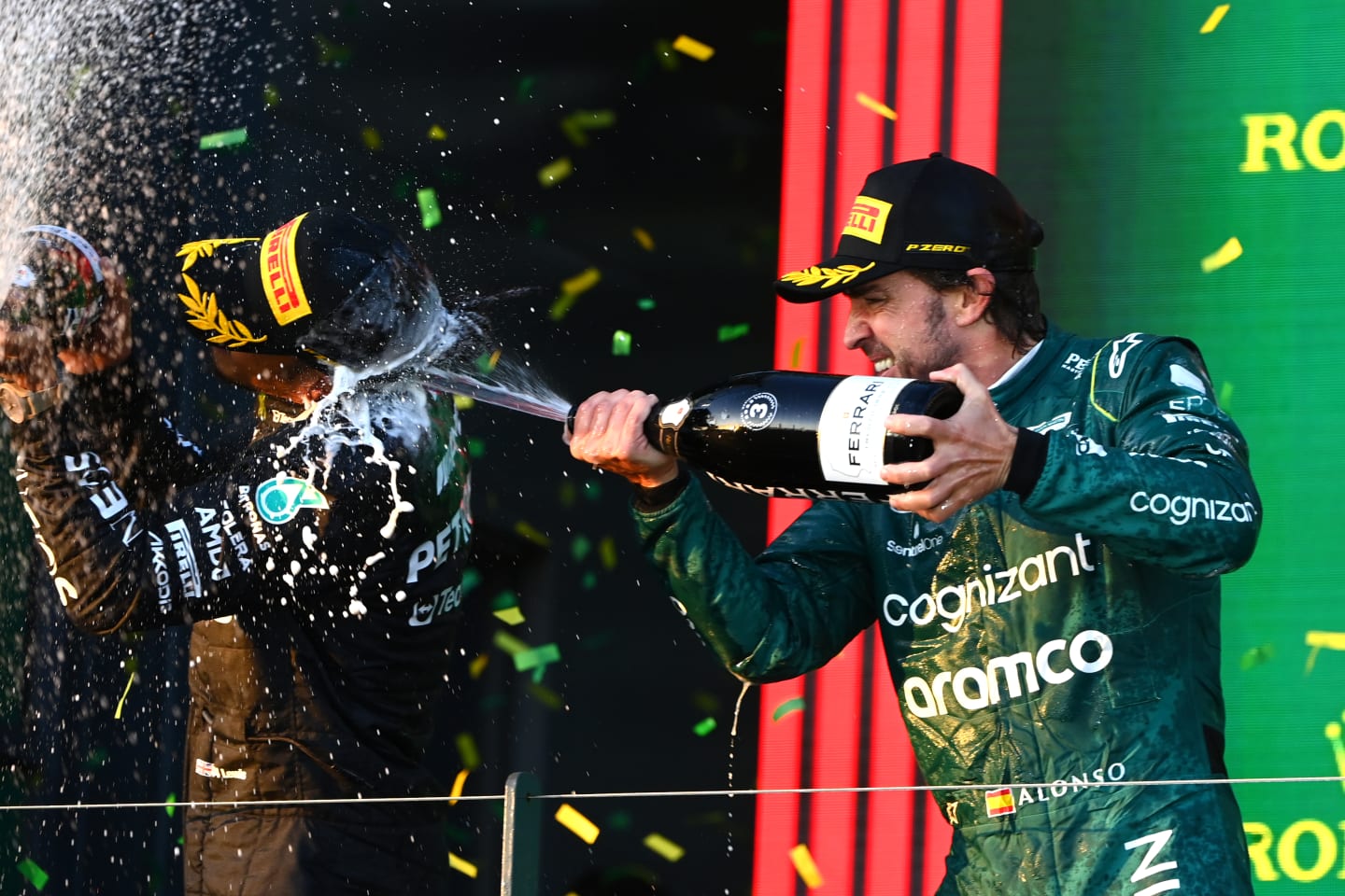 MELBOURNE, AUSTRALIA - APRIL 02: Third placed Fernando Alonso of Spain and Aston Martin F1 Team celebrates on the podium during the F1 Grand Prix of Australia at Albert Park Grand Prix Circuit on April 02, 2023 in Melbourne, Australia. (Photo by Quinn Rooney/Getty Images)