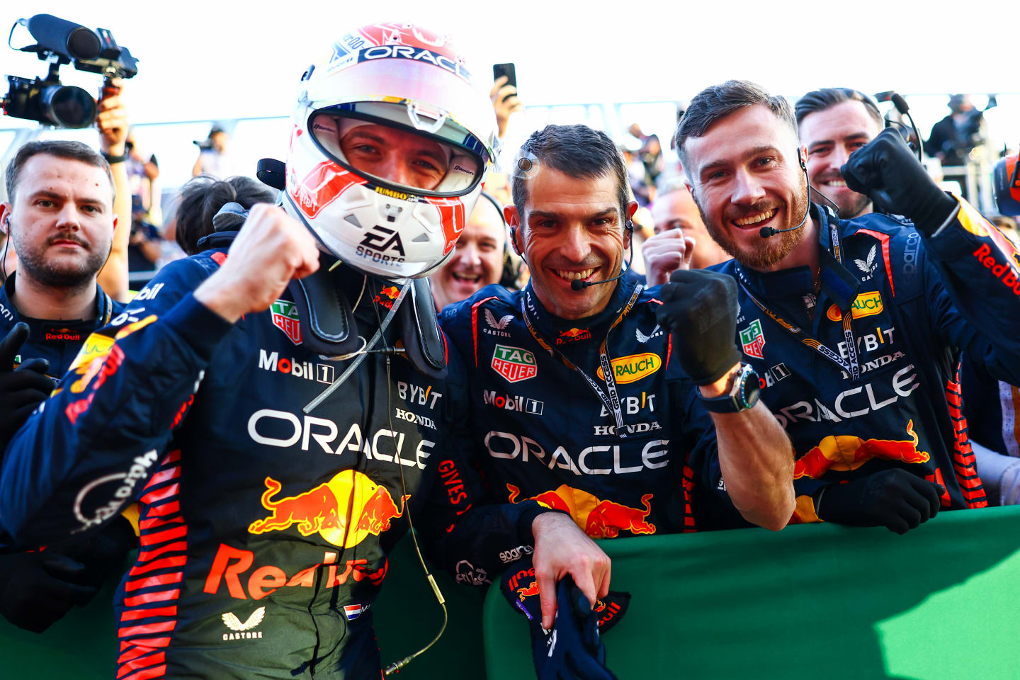 MELBOURNE, AUSTRALIA - APRIL 02: Race winner Max Verstappen of the Netherlands and Oracle Red Bull Racing celebrates in parc ferme during the F1 Grand Prix of Australia at Albert Park Grand Prix Circuit on April 02, 2023 in Melbourne, Australia. (Photo by Mark Thompson/Getty Images)