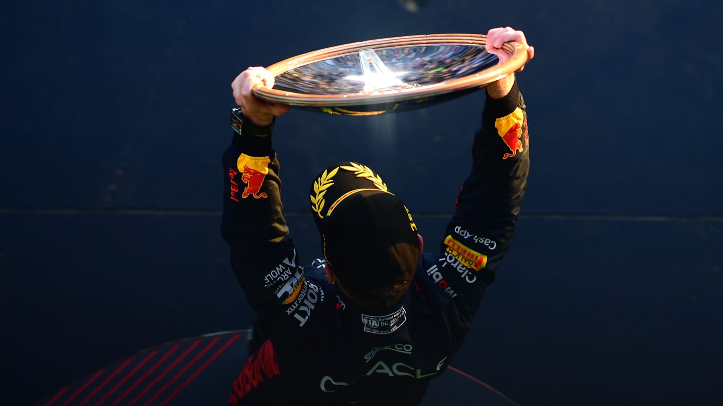 MELBOURNE, AUSTRALIA - APRIL 02: Race winner Max Verstappen of the Netherlands and Oracle Red Bull Racing celebrates on the podium during the F1 Grand Prix of Australia at Albert Park Grand Prix Circuit on April 02, 2023 in Melbourne, Australia. (Photo by Mario Renzi - Formula 1/Formula 1 via Getty Images)