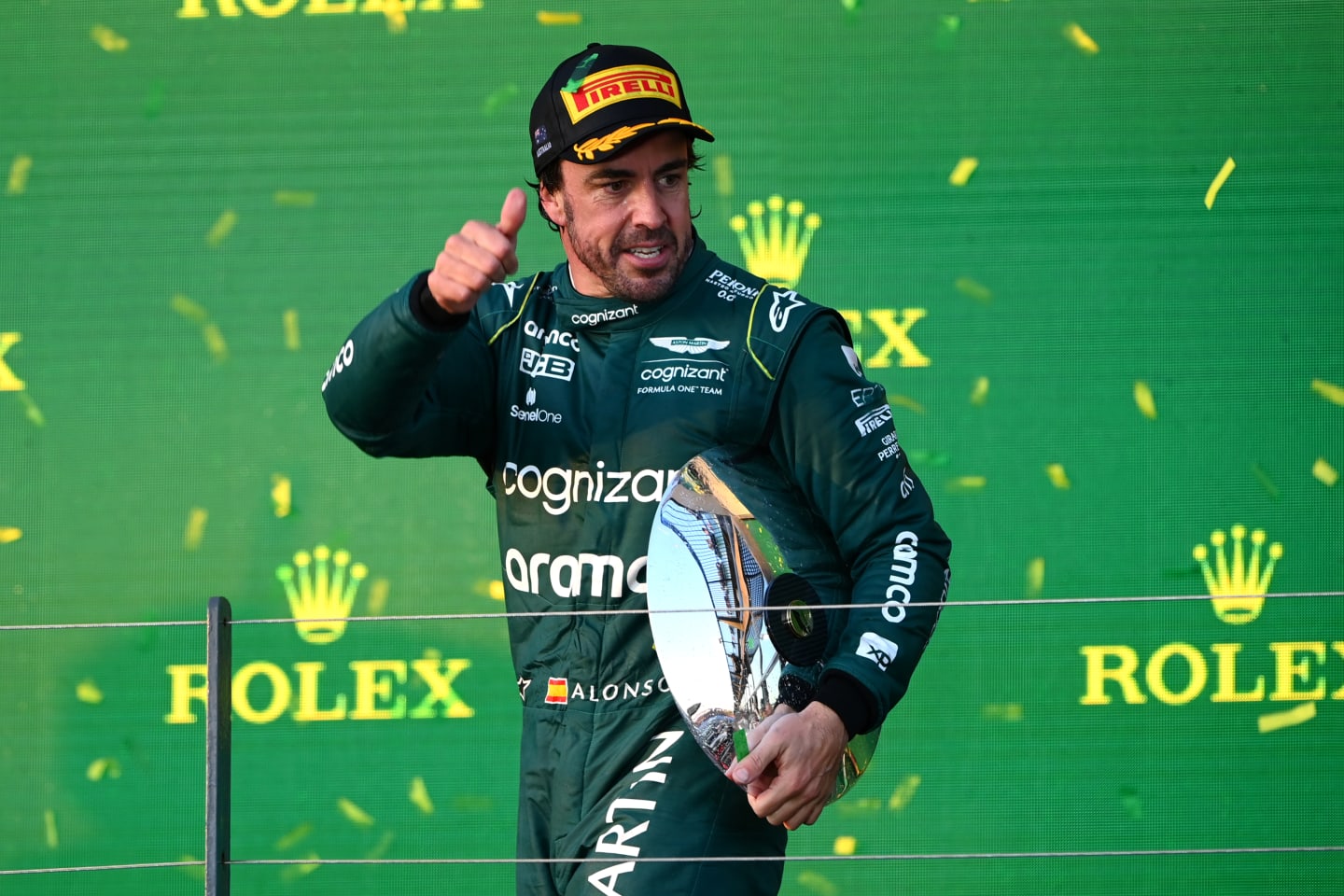 MELBOURNE, AUSTRALIA - APRIL 02: Third placed Fernando Alonso of Spain and Aston Martin F1 Team celebrates on the podium during the F1 Grand Prix of Australia at Albert Park Grand Prix Circuit on April 02, 2023 in Melbourne, Australia. (Photo by Quinn Rooney/Getty Images)