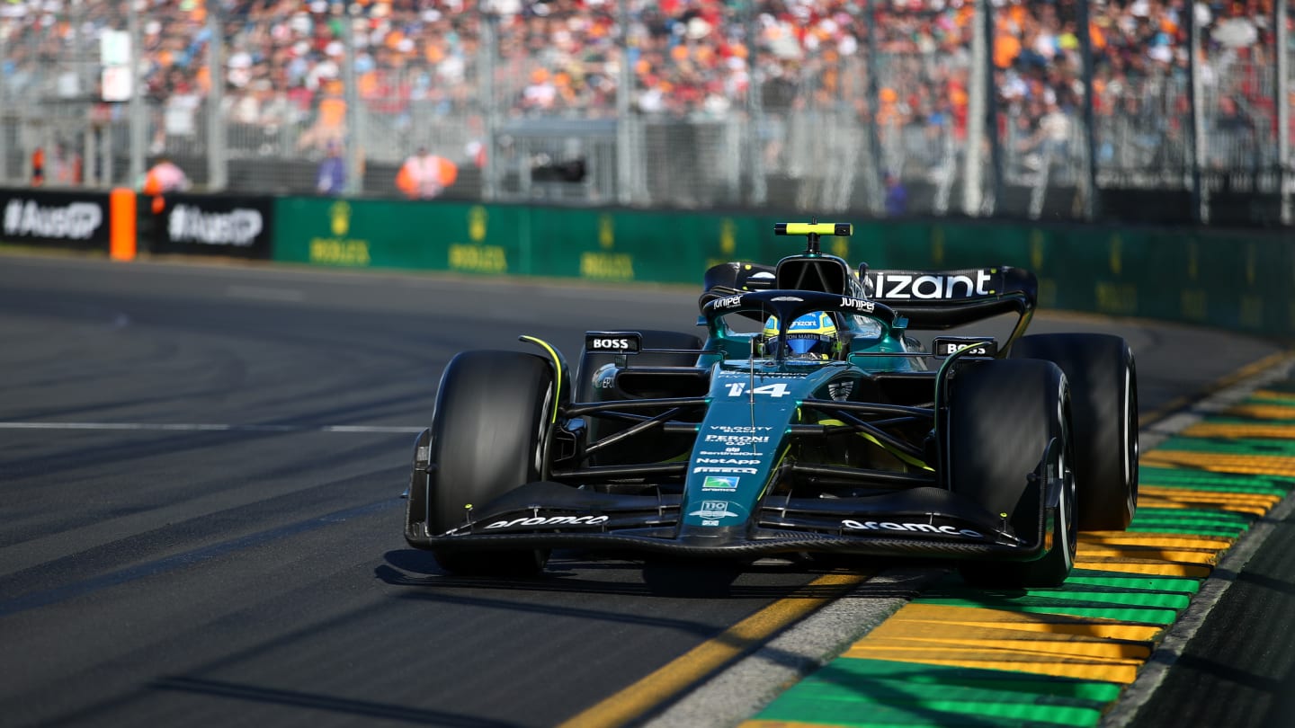 MELBOURNE, AUSTRALIA - APRIL 02: Fernando Alonso of Spain driving the (14) Aston Martin AMR23