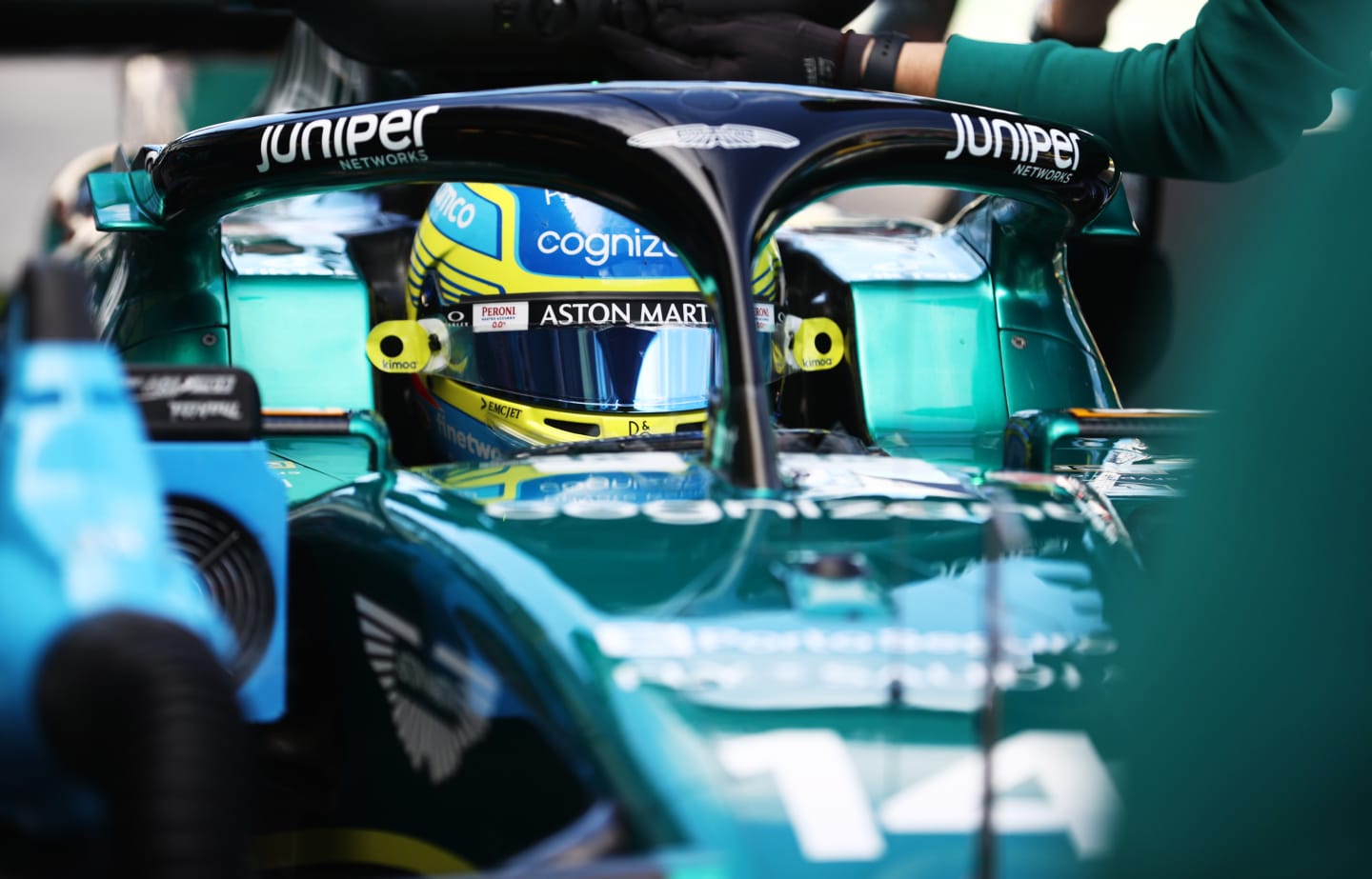 MELBOURNE, AUSTRALIA - MARCH 31: Fernando Alonso of Spain and Aston Martin F1 Team stops in the