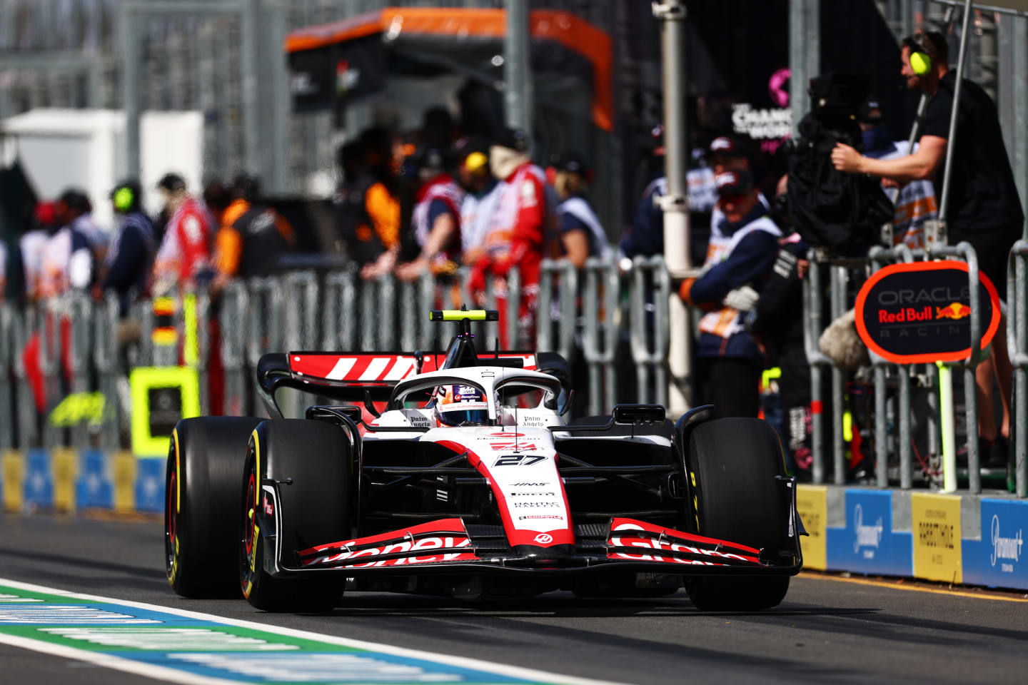 MELBOURNE, AUSTRALIA - MARCH 31: Nico Hulkenberg of Germany driving the (27) Haas F1 VF-23 Ferrari in the Pitlane during practice ahead of the F1 Grand Prix of Australia at Albert Park Grand Prix Circuit on March 31, 2023 in Melbourne, Australia. (Photo by Dan Istitene - Formula 1/Formula 1 via Getty Images)