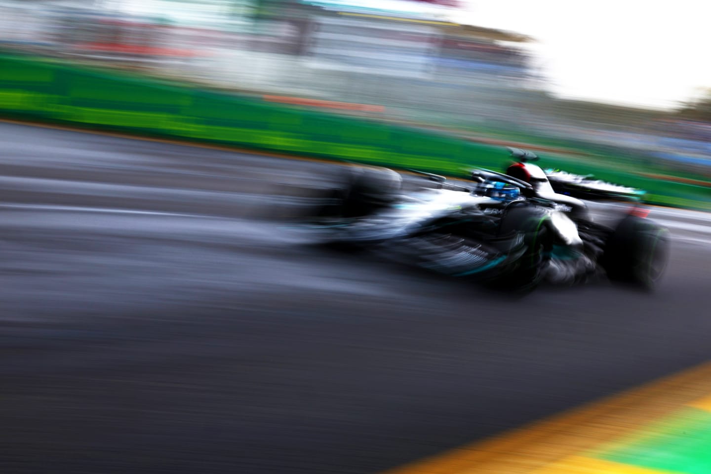 MELBOURNE, AUSTRALIA - MARCH 31: George Russell of Great Britain driving the (63) Mercedes AMG Petronas F1 Team W14 on track during practice ahead of the F1 Grand Prix of Australia at Albert Park Grand Prix Circuit on March 31, 2023 in Melbourne, Australia. (Photo by Mark Thompson/Getty Images)