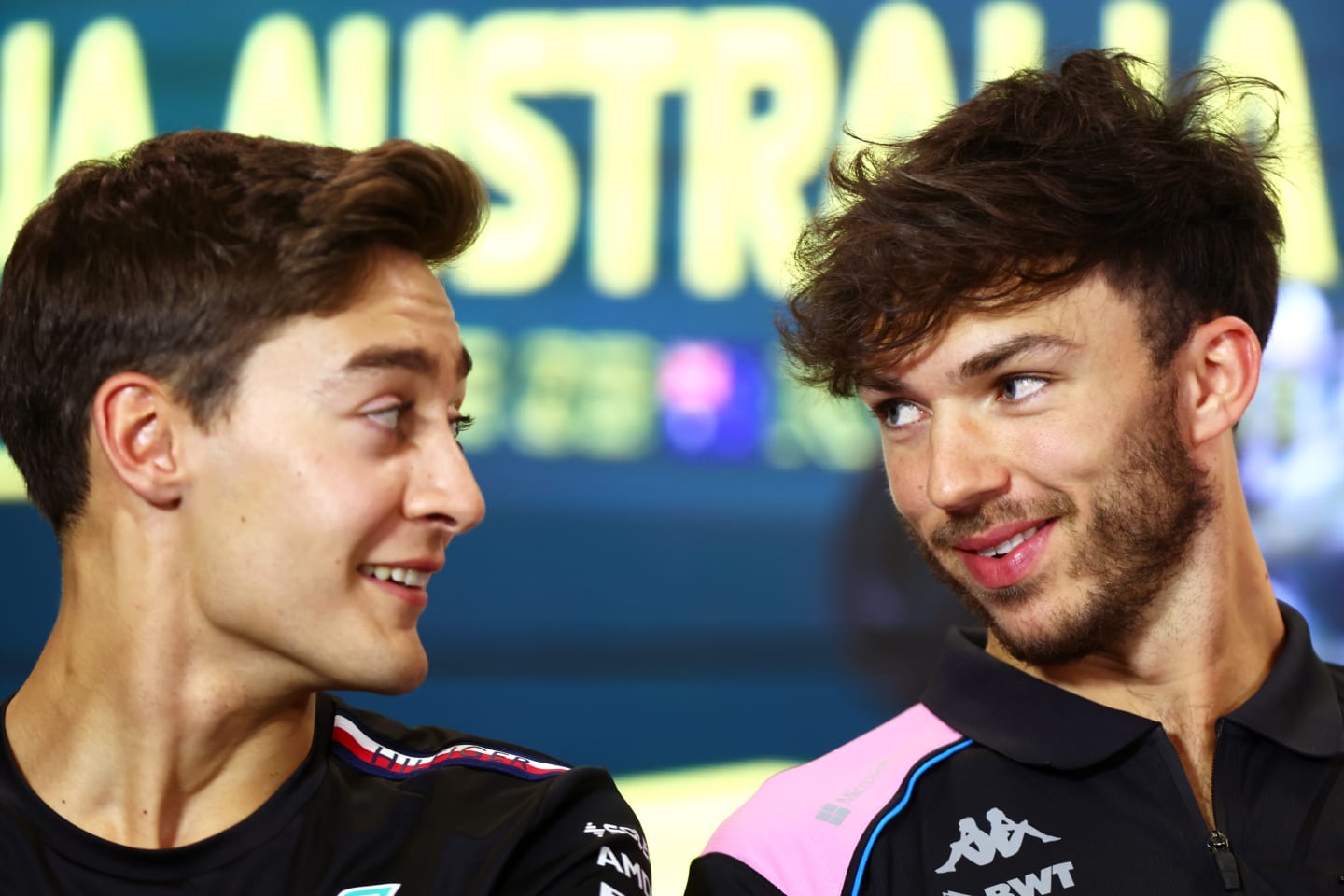 MELBOURNE, AUSTRALIA - MARCH 30: George Russell of Great Britain and Mercedes talks with Pierre Gasly of France and Alpine F1 in the Drivers Press Conference during previews ahead of the F1 Grand Prix of Australia at Albert Park Grand Prix Circuit on March 30, 2023 in Melbourne, Australia. (Photo by Dan Istitene/Getty Images)