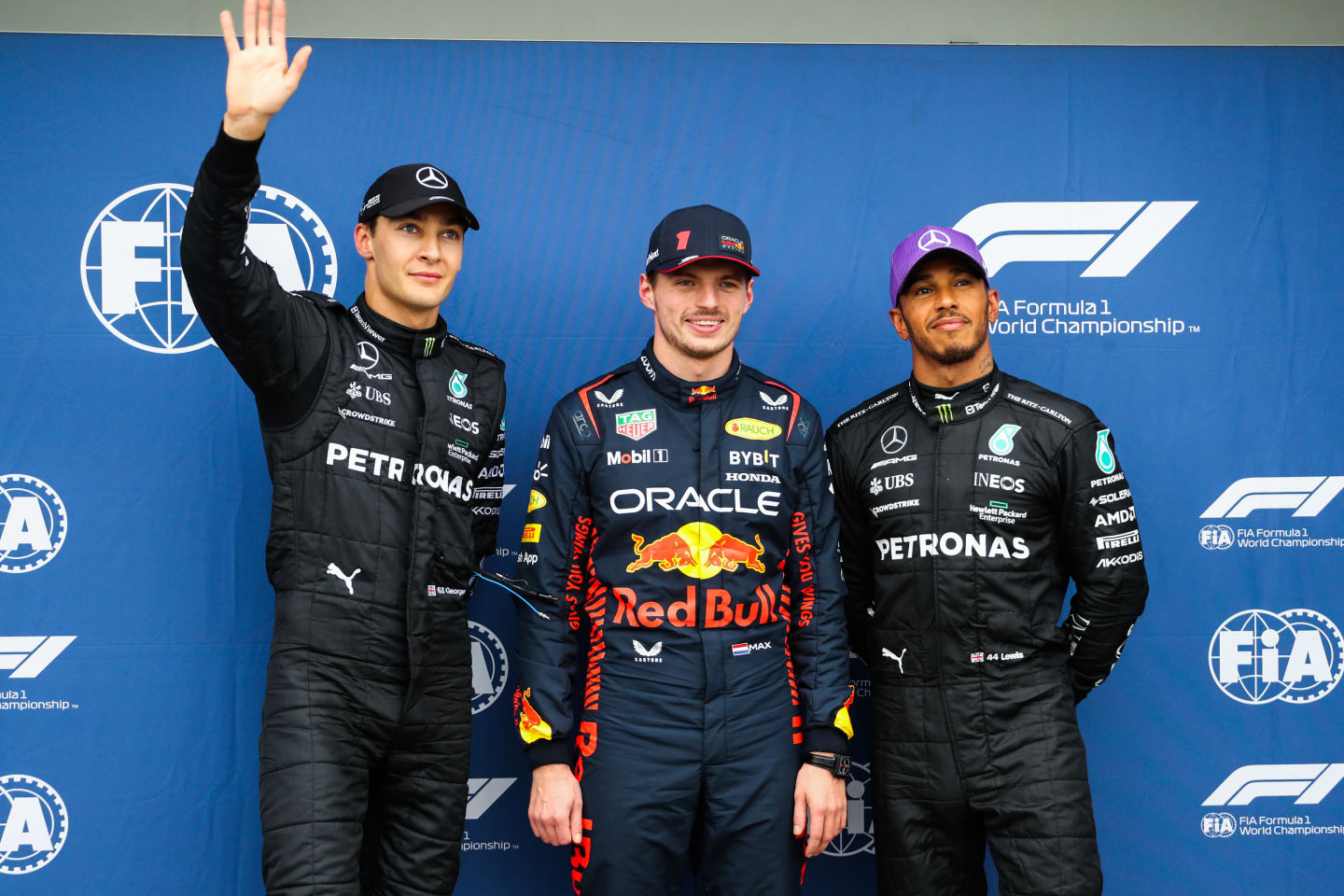 MELBOURNE, AUSTRALIA - APRIL 01: George Russell of Mercedes and Great Britain, Max Verstappen of Red Bull Racing and The Netherlands and Lewis Hamilton of Mercedes and Great Britain during qualifying ahead of the F1 Grand Prix of Australia at Albert Park Grand Prix Circuit on April 01, 2023 in Melbourne, Australia. (Photo by Peter Fox/Getty Images)