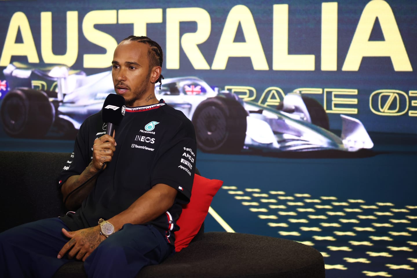 MELBOURNE, AUSTRALIA - APRIL 01: Third placed qualifier Lewis Hamilton of Great Britain and Mercedes attends the press conference after qualifying ahead of the F1 Grand Prix of Australia at Albert Park Grand Prix Circuit on April 01, 2023 in Melbourne, Australia. (Photo by Robert Cianflone/Getty Images)