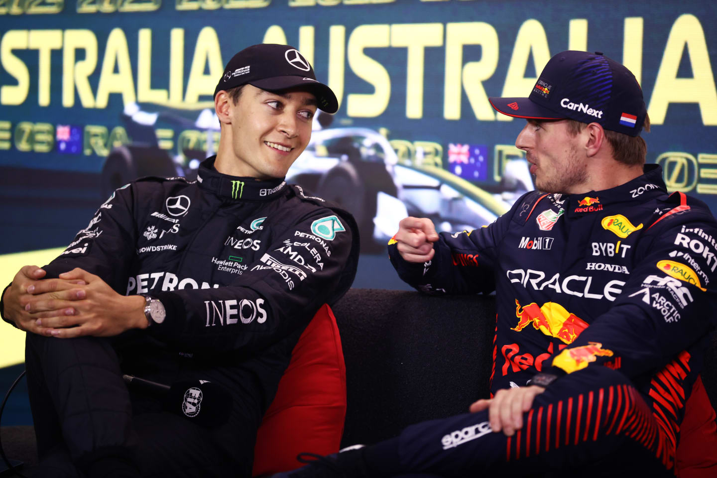 MELBOURNE, AUSTRALIA - APRIL 01: Pole position qualifier Max Verstappen of the Netherlands and Oracle Red Bull Racing (R) and Second placed qualifier George Russell of Great Britain and Mercedes (L) attend the press conference after qualifying ahead of the F1 Grand Prix of Australia at Albert Park Grand Prix Circuit on April 01, 2023 in Melbourne, Australia. (Photo by Robert Cianflone/Getty Images)