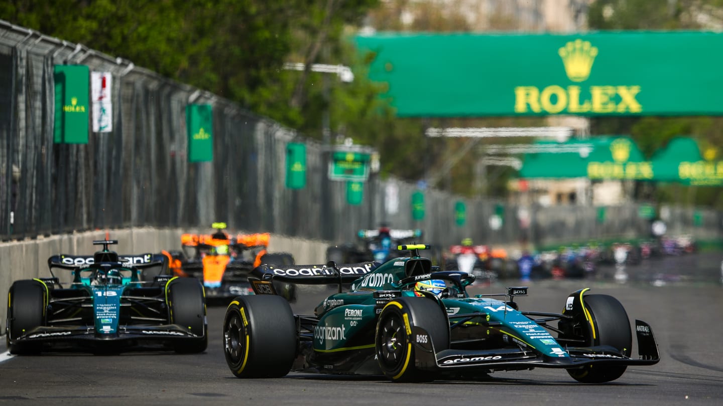 BAKU, AZERBAIJAN - APRIL 30: Fernando Alonso of Spain driving the (14) Aston Martin AMR23 Mercedes