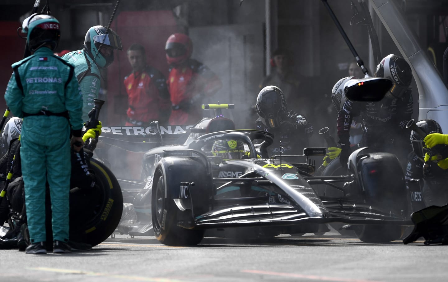 BAKU, AZERBAIJAN - APRIL 30: Lewis Hamilton of Great Britain driving the (44) Mercedes AMG Petronas F1 Team W14 comes in for a pitstop during the F1 Grand Prix of Azerbaijan at Baku City Circuit on April 30, 2023 in Baku, Azerbaijan. (Photo by Rudy Carezzevoli/Getty Images)