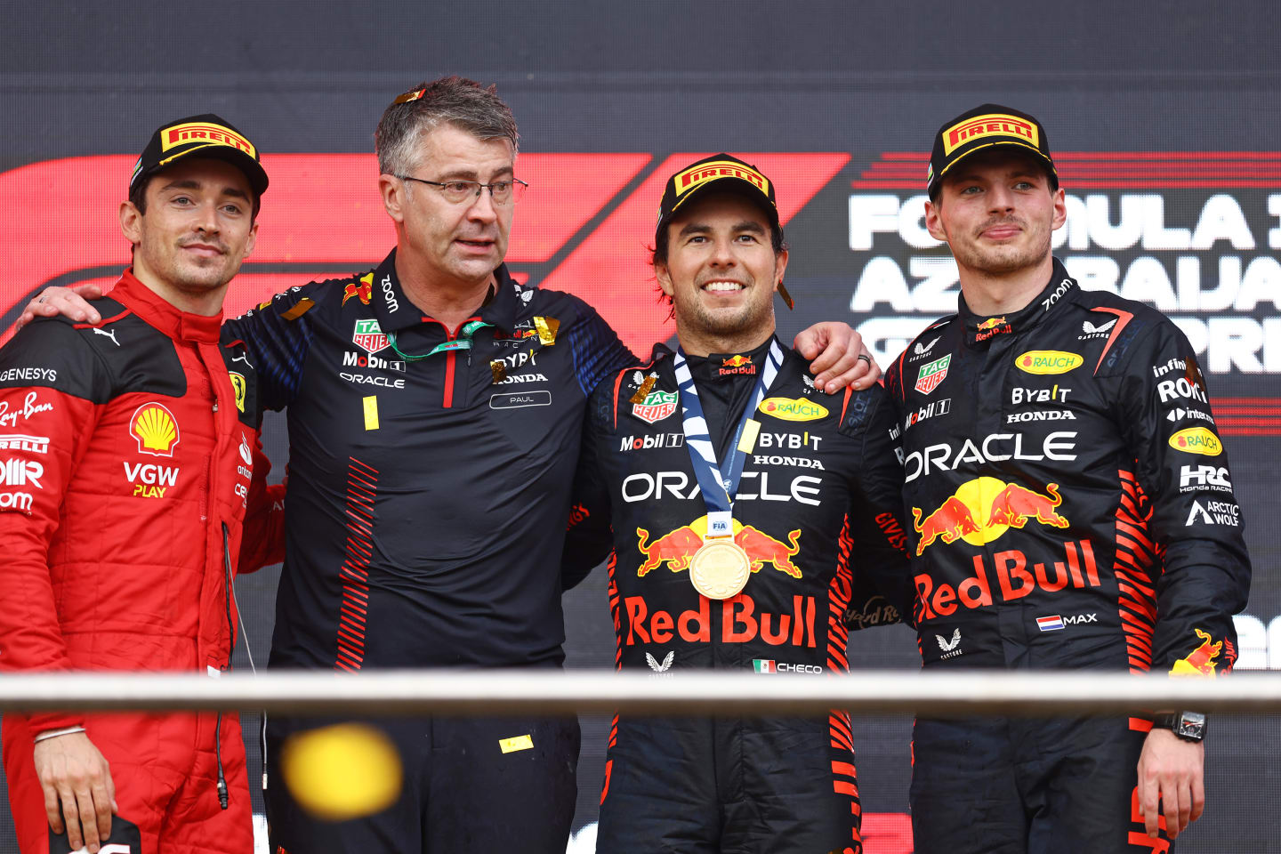 BAKU, AZERBAIJAN - APRIL 30: Race winner Sergio Perez of Mexico and Oracle Red Bull Racing, Third