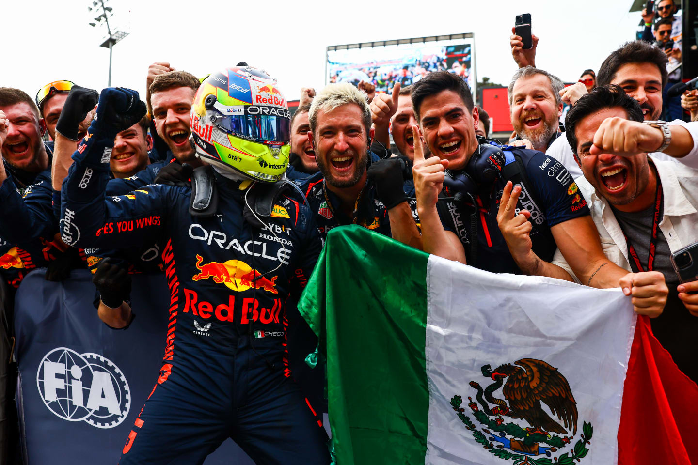 BAKU, AZERBAIJAN - APRIL 30: Race winner Sergio Perez of Mexico and Oracle Red Bull Racing celebrates with teammates in parc ferme during the F1 Grand Prix of Azerbaijan at Baku City Circuit on April 30, 2023 in Baku, Azerbaijan. (Photo by Mark Thompson/Getty Images)