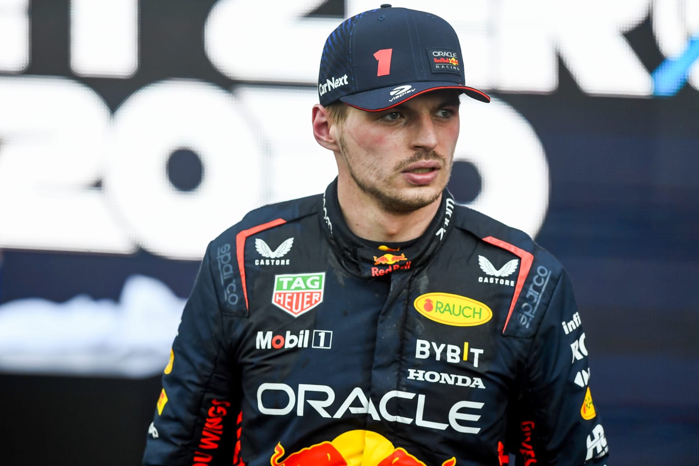 BAKU, AZERBAIJAN - APRIL 30: Second placed Max Verstappen of the Netherlands and Oracle Red Bull Racing looks on in parc ferme during the F1 Grand Prix of Azerbaijan at Baku City Circuit on April 30, 2023 in Baku, Azerbaijan. (Photo by Rudy Carezzevoli/Getty Images)