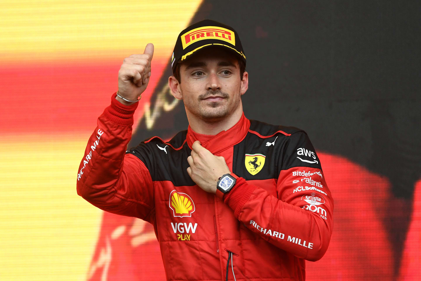 BAKU, AZERBAIJAN - APRIL 30: Third placed Charles Leclerc of Monaco and Ferrari celebrates on the