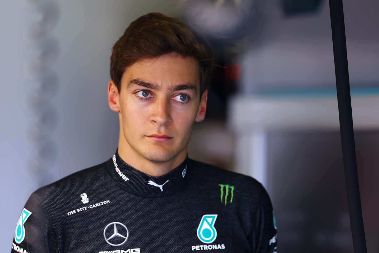 BAKU, AZERBAIJAN - APRIL 28: George Russell of Great Britain and Mercedes looks on prior to