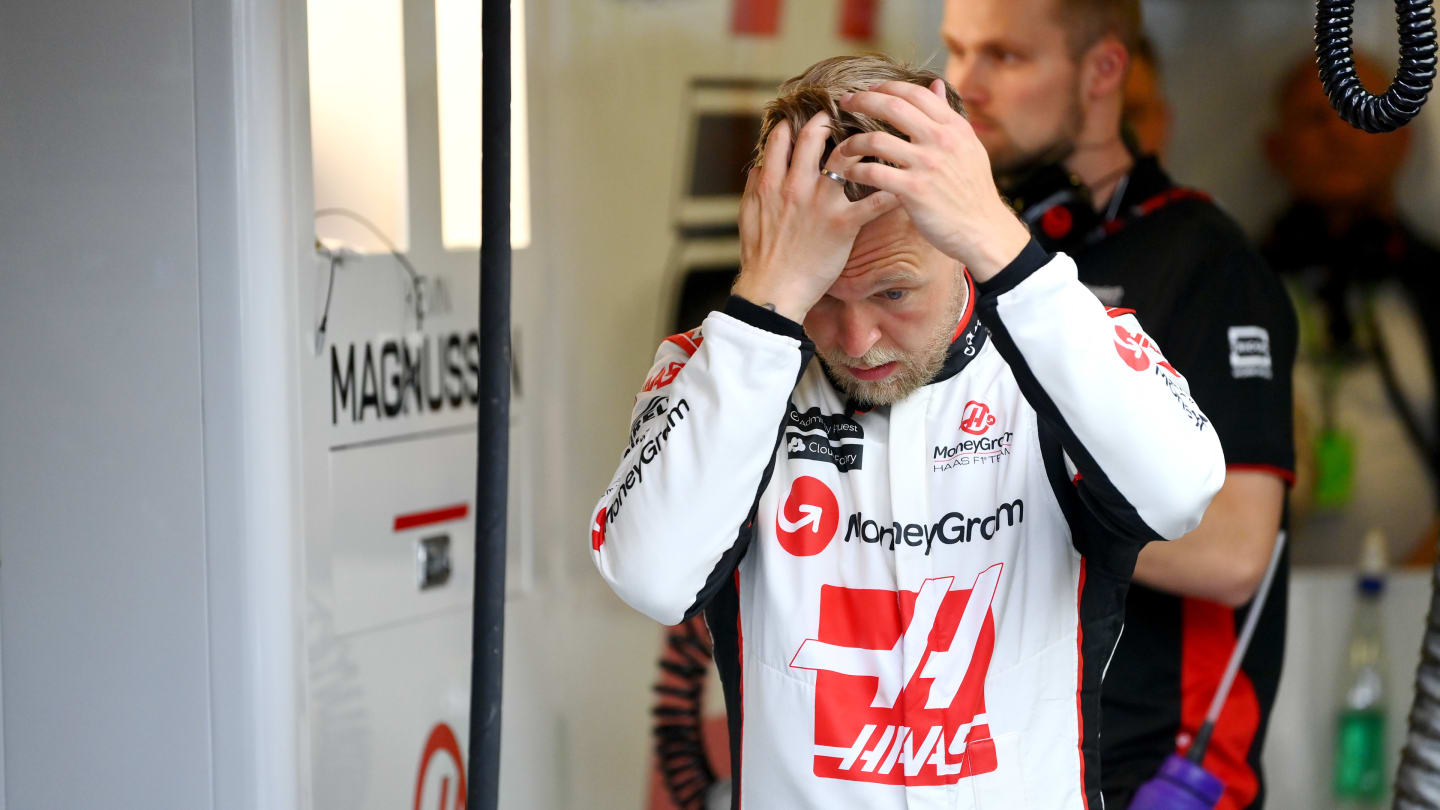 BAKU, AZERBAIJAN - APRIL 28: Kevin Magnussen of Denmark and Haas F1 looks on in the garage during