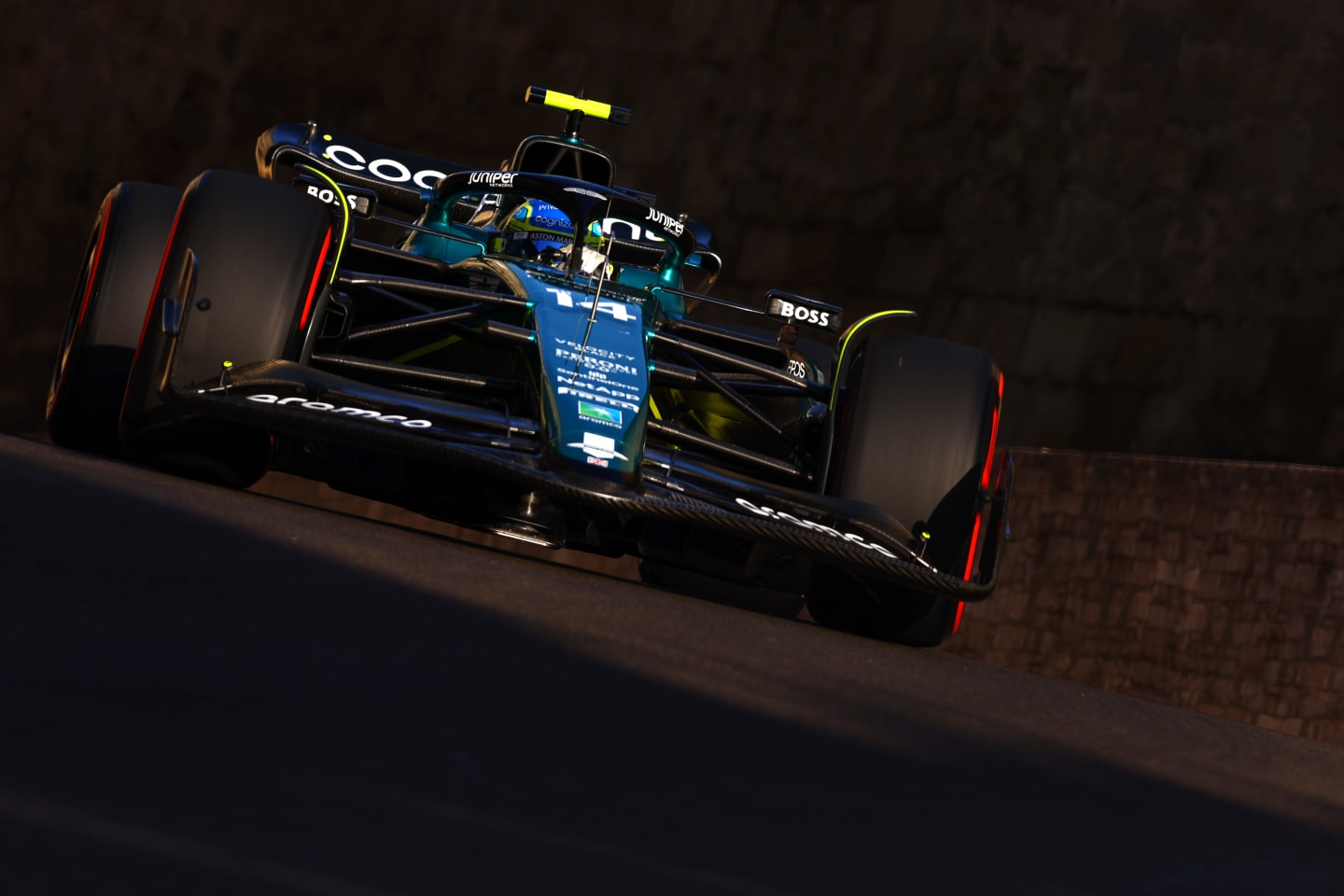 BAKU, AZERBAIJAN - APRIL 28: Fernando Alonso of Spain driving the (14) Aston Martin AMR23 Mercedes on track during qualifying ahead of the F1 Grand Prix of Azerbaijan at Baku City Circuit on April 28, 2023 in Baku, Azerbaijan. (Photo by Alex Pantling/Getty Images)