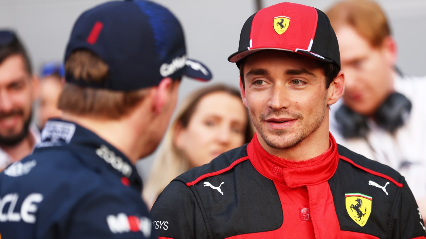 BAKU, AZERBAIJAN - APRIL 28: Pole position qualifier Charles Leclerc of Monaco and Ferrari talks