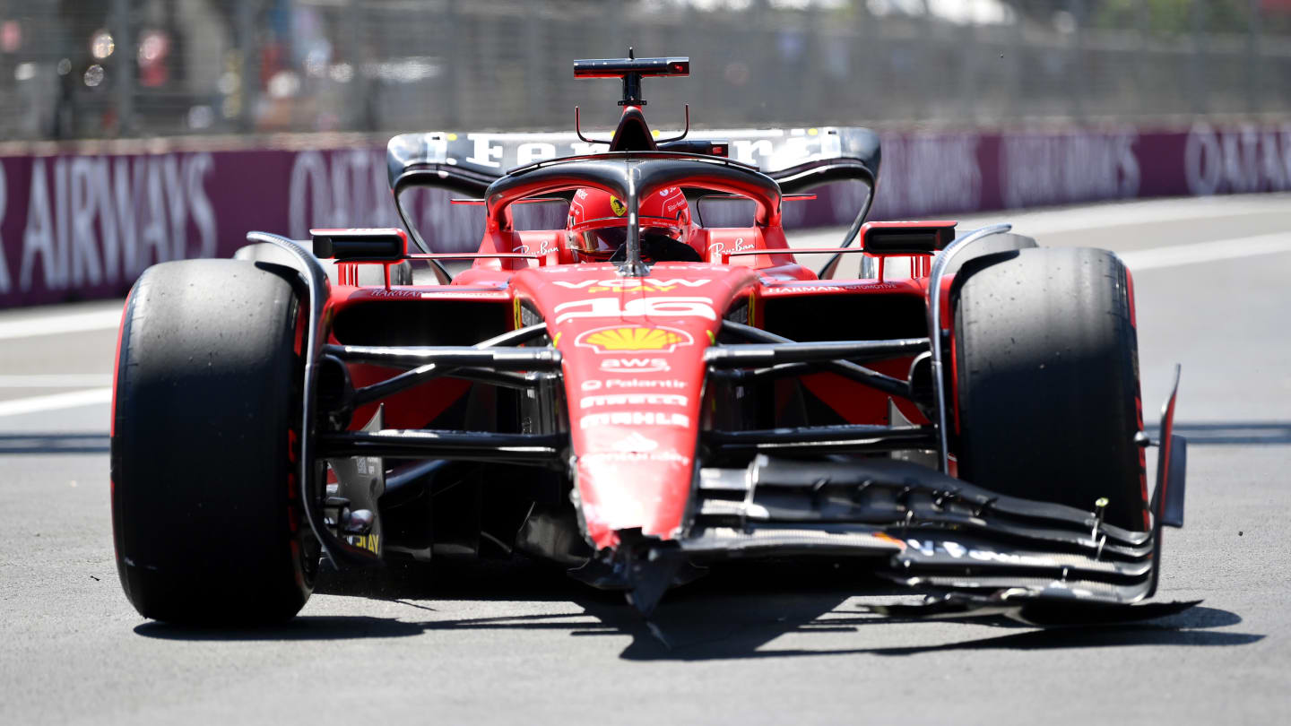 BAKU, AZERBAIJAN - APRIL 29: Pole position qualifier Charles Leclerc of Monaco and Ferrari stops in