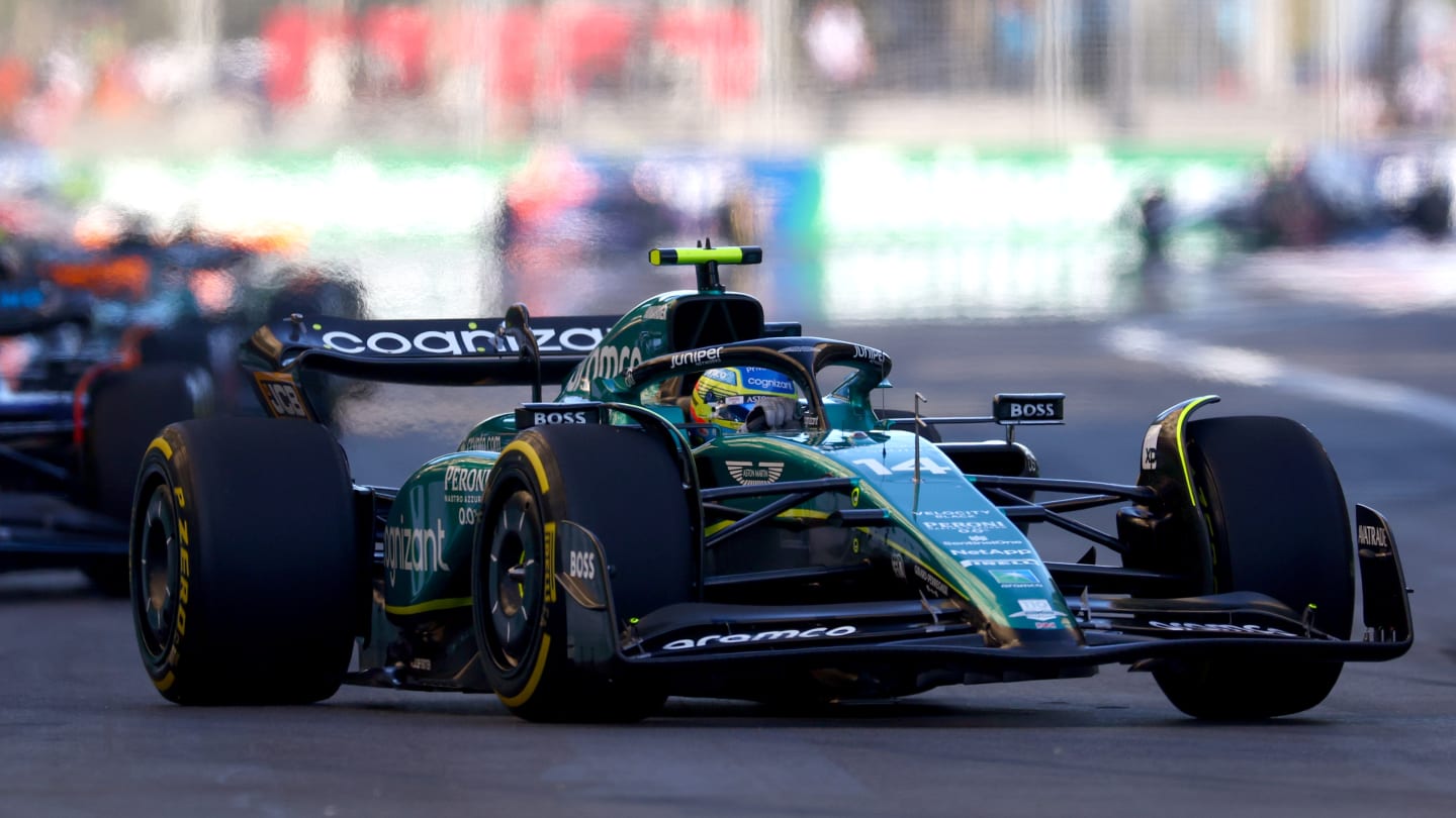 BAKU, AZERBAIJAN - APRIL 29: Fernando Alonso of Spain driving the (14) Aston Martin AMR23 Mercedes