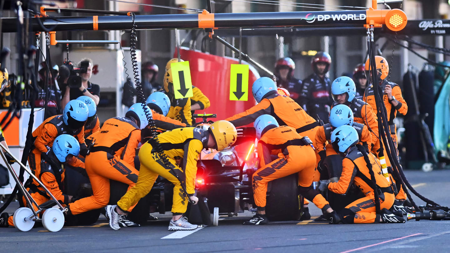 BAKU, AZERBAIJAN - APRIL 29: Lando Norris of Great Britain driving the (4) McLaren MCL60 Mercedes comes in for a pitstop during the Sprint ahead of the F1 Grand Prix of Azerbaijan at Baku City Circuit on April 29, 2023 in Baku, Azerbaijan. (Photo by Dan Mullan - Formula 1/Formula 1 via Getty Images)