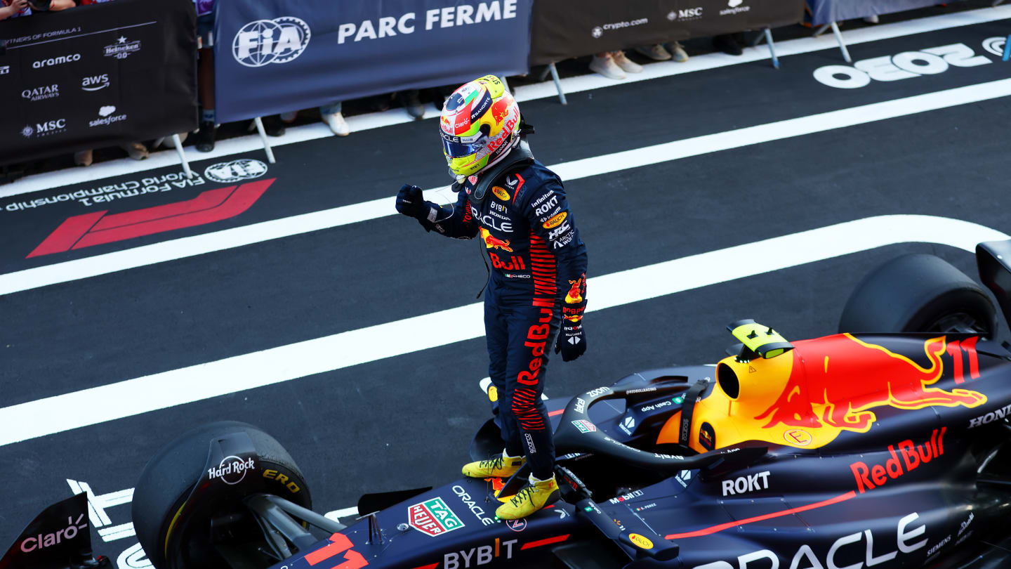 BAKU, AZERBAIJAN - APRIL 29: Sprint winner Sergio Perez of Mexico and Oracle Red Bull Racing