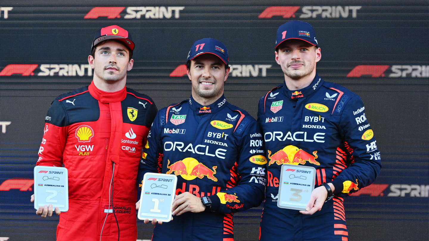 BAKU, AZERBAIJAN - APRIL 29: Sprint winner Sergio Perez of Mexico and Oracle Red Bull Racing (C),