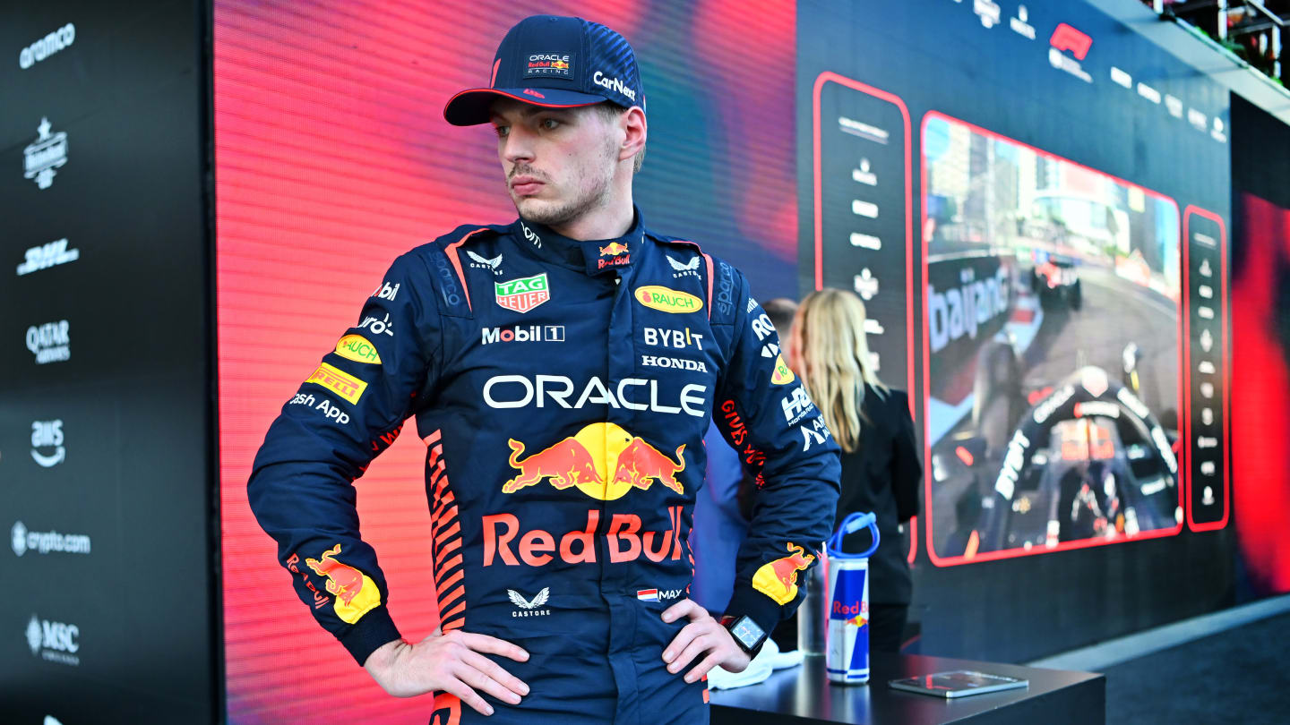 BAKU, AZERBAIJAN - APRIL 29: Third placed Max Verstappen of the Netherlands and Oracle Red Bull Racing (R) reacts in parc ferme during the Sprint ahead of the F1 Grand Prix of Azerbaijan at Baku City Circuit on April 29, 2023 in Baku, Azerbaijan. (Photo by Dan Mullan - Formula 1/Formula 1 via Getty Images)