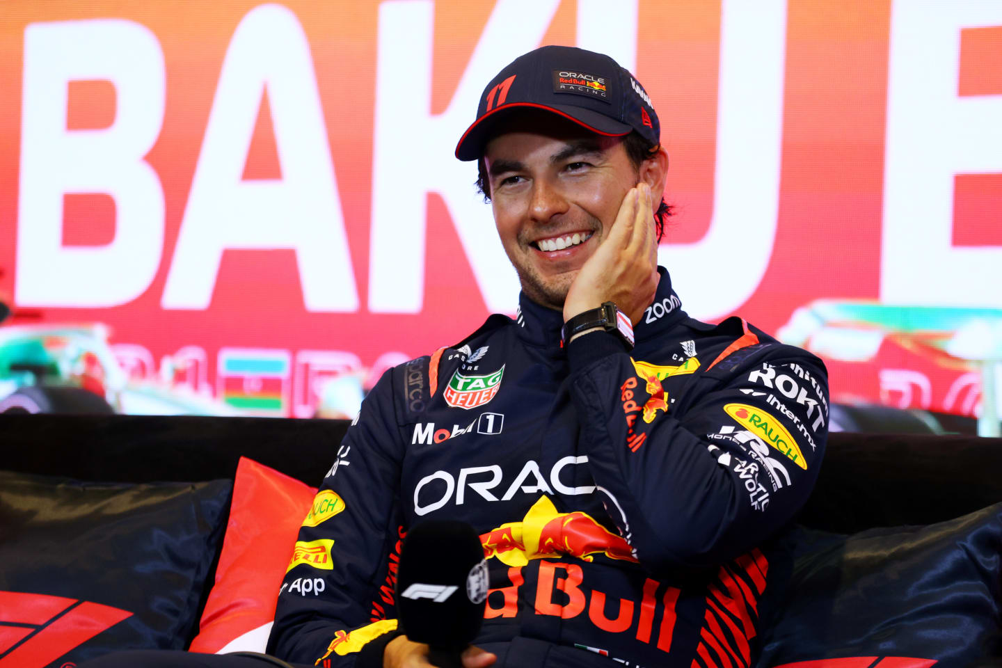 BAKU, AZERBAIJAN - APRIL 29: Sprint winner Sergio Perez of Mexico and Oracle Red Bull Racing attends the press conference after the Sprint ahead of the F1 Grand Prix of Azerbaijan at Baku City Circuit on April 29, 2023 in Baku, Azerbaijan. (Photo by Bryn Lennon/Getty Images)