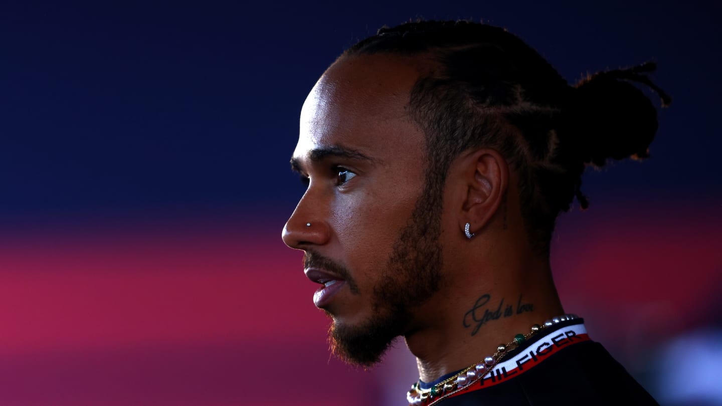 BAHRAIN, BAHRAIN - MARCH 02: Lewis Hamilton of Great Britain and Mercedes talks to the media in the