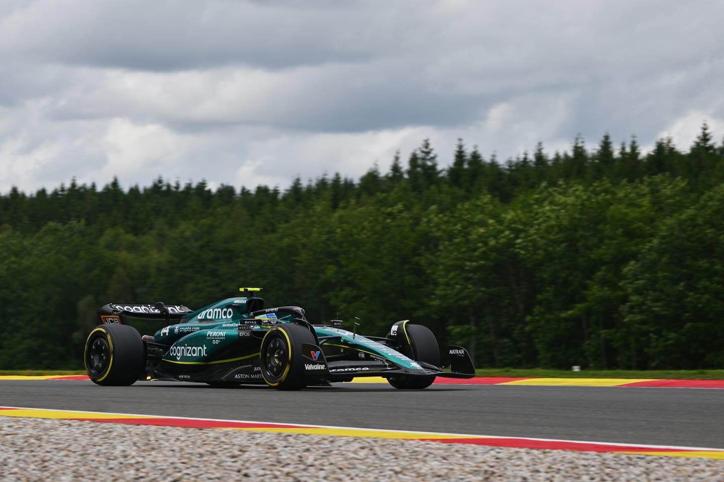 SPA, BELGIUM - JULY 30: Fernando Alonso of Spain driving the (14) Aston Martin AMR23 Mercedes on