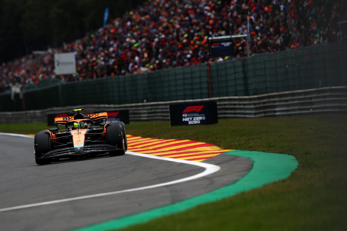 SPA, BELGIUM - JULY 30: Lando Norris of Great Britain driving the (4) McLaren MCL60 Mercedes on track during the F1 Grand Prix of Belgium at Circuit de Spa-Francorchamps on July 30, 2023 in Spa, Belgium. (Photo by Joe Portlock - Formula 1/Formula 1 via Getty Images)